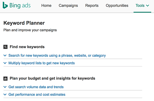 Bing Ads Keyword Planner screenshot