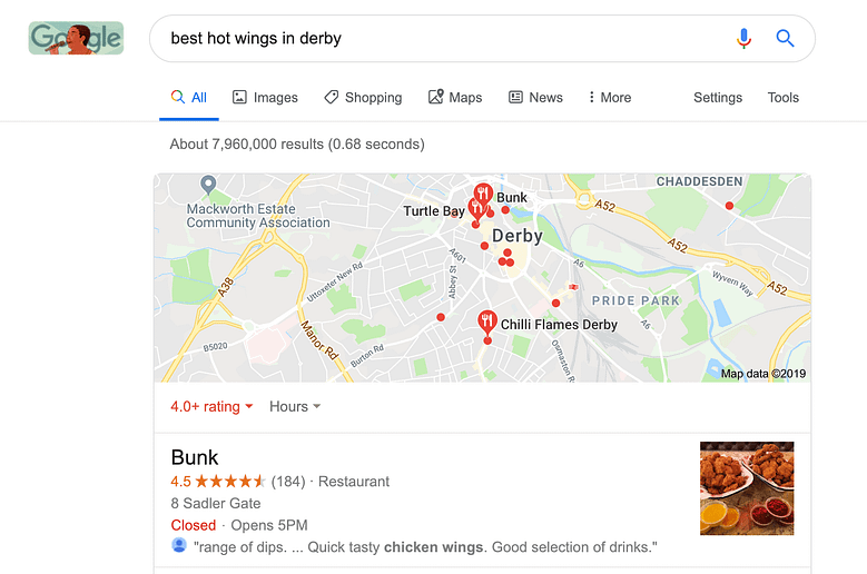 image of google search results showing best hot wings in derby to show LSI keywords