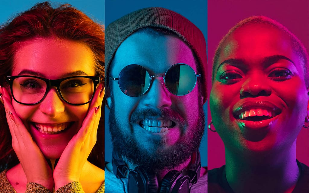 Three portraits of young people in very bright colours