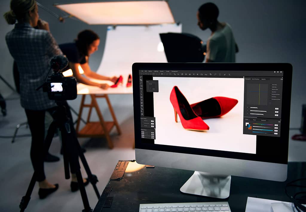 Product photography of a pair of red shoes